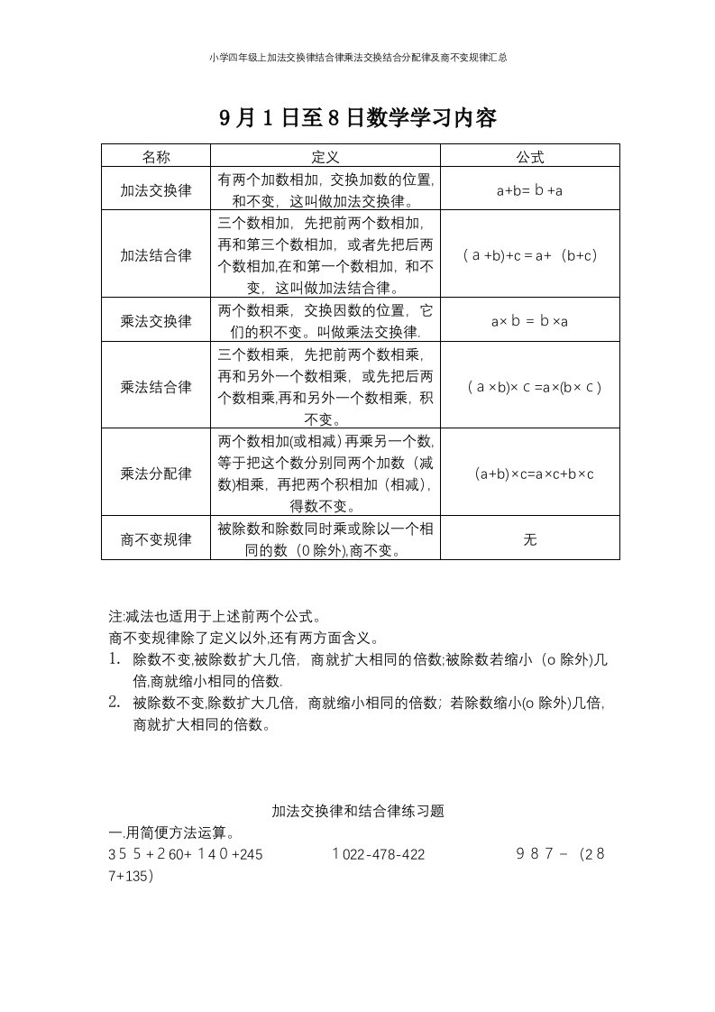 小学四年级上加法交换律结合律乘法交换结合分配律及商不变规律汇总