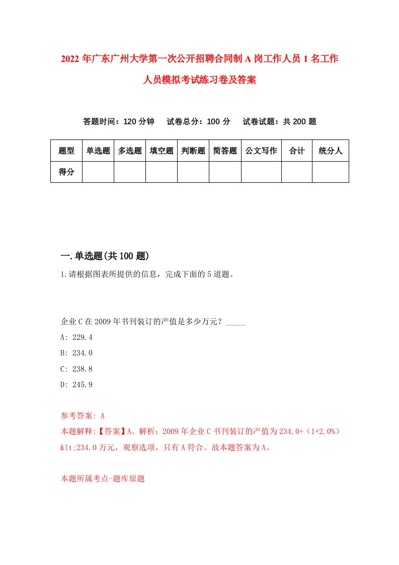 2022年广东广州大学第一次公开招聘合同制A岗工作人员1名工作人员模拟考试练习卷及答案第6卷