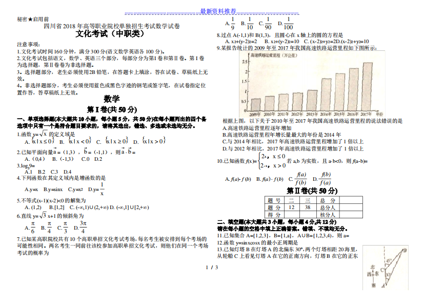 四川省年高等职业院校单独招生考试数学试卷及参考答案