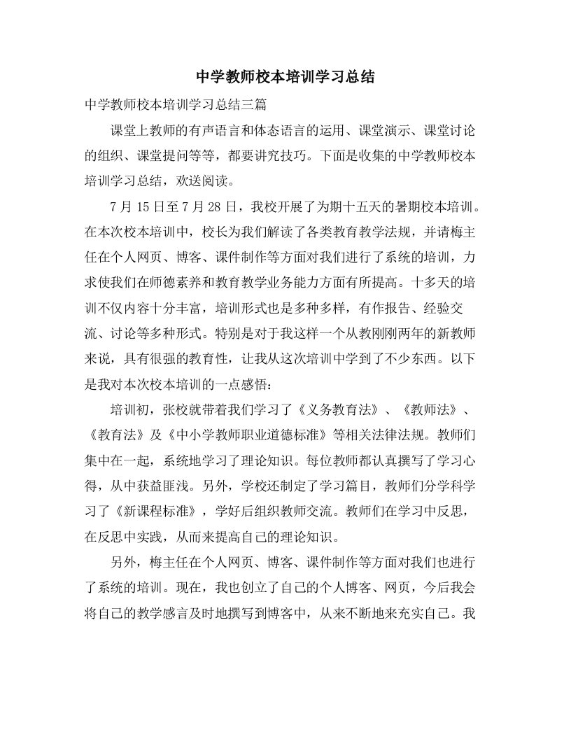 中学教师校本培训学习总结