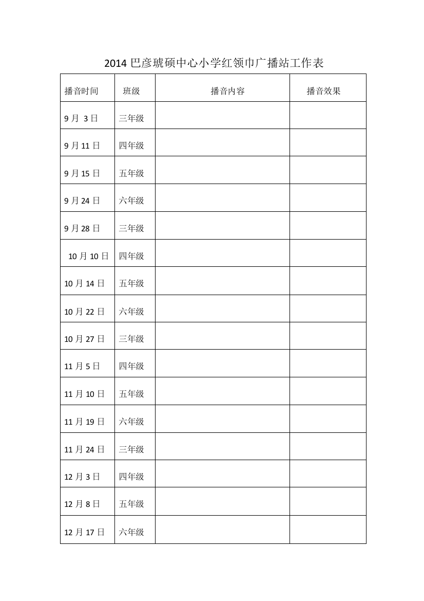 2014巴彦琥硕中心小学红领巾广播站工作表