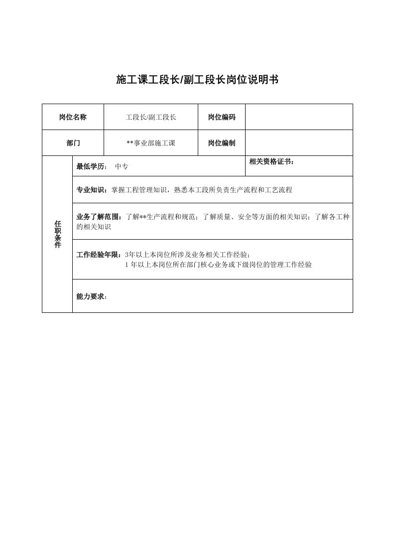 广船国际事业部施工科工段长&副工段长岗位说明书