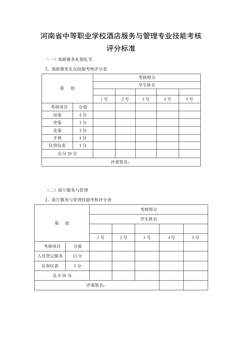 酒店服务与管理技能考核评分标准