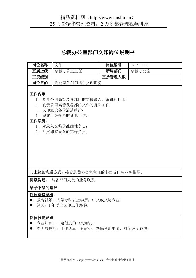 三木集团总裁办公室部门文印岗位说明书