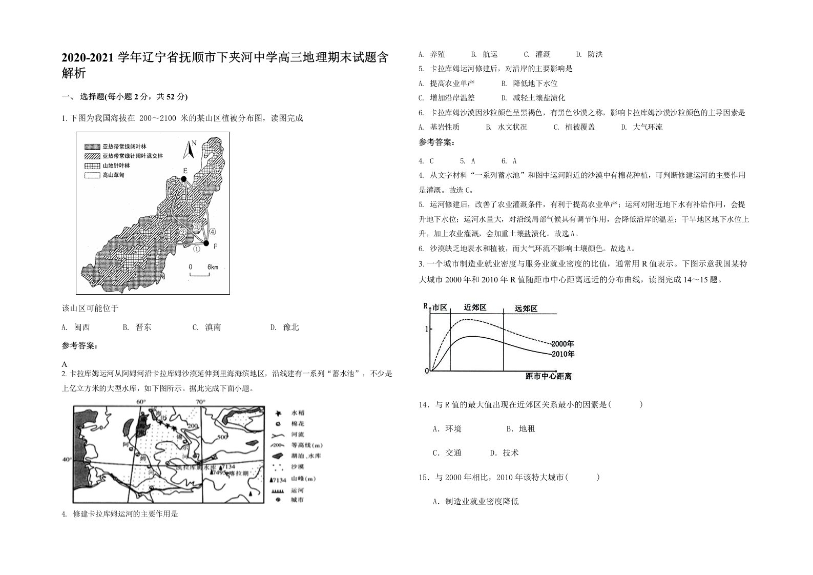 2020-2021学年辽宁省抚顺市下夹河中学高三地理期末试题含解析