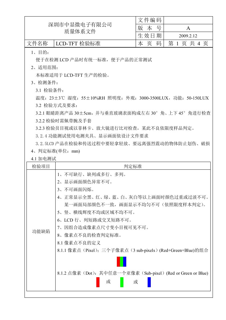 新TFT模块检验标准