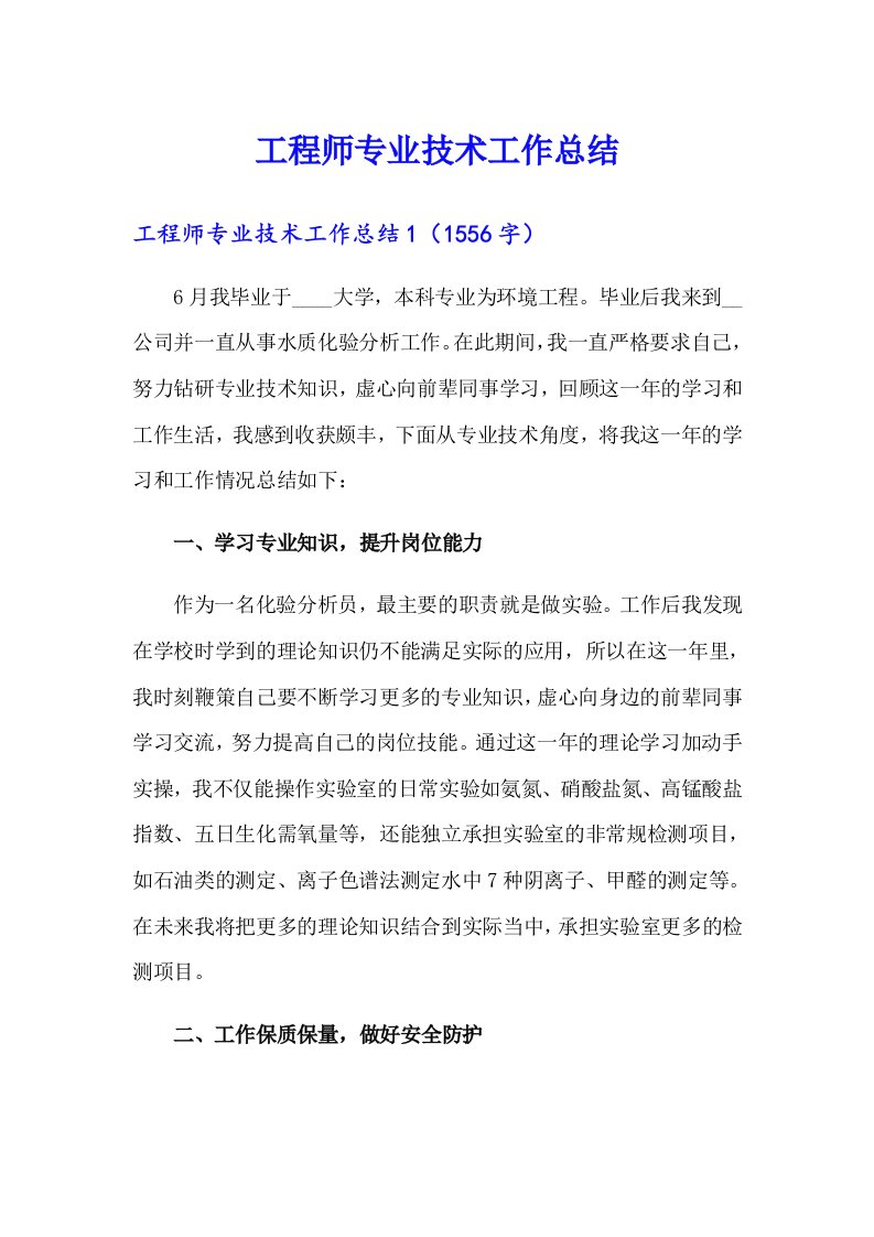 工程师专业技术工作总结