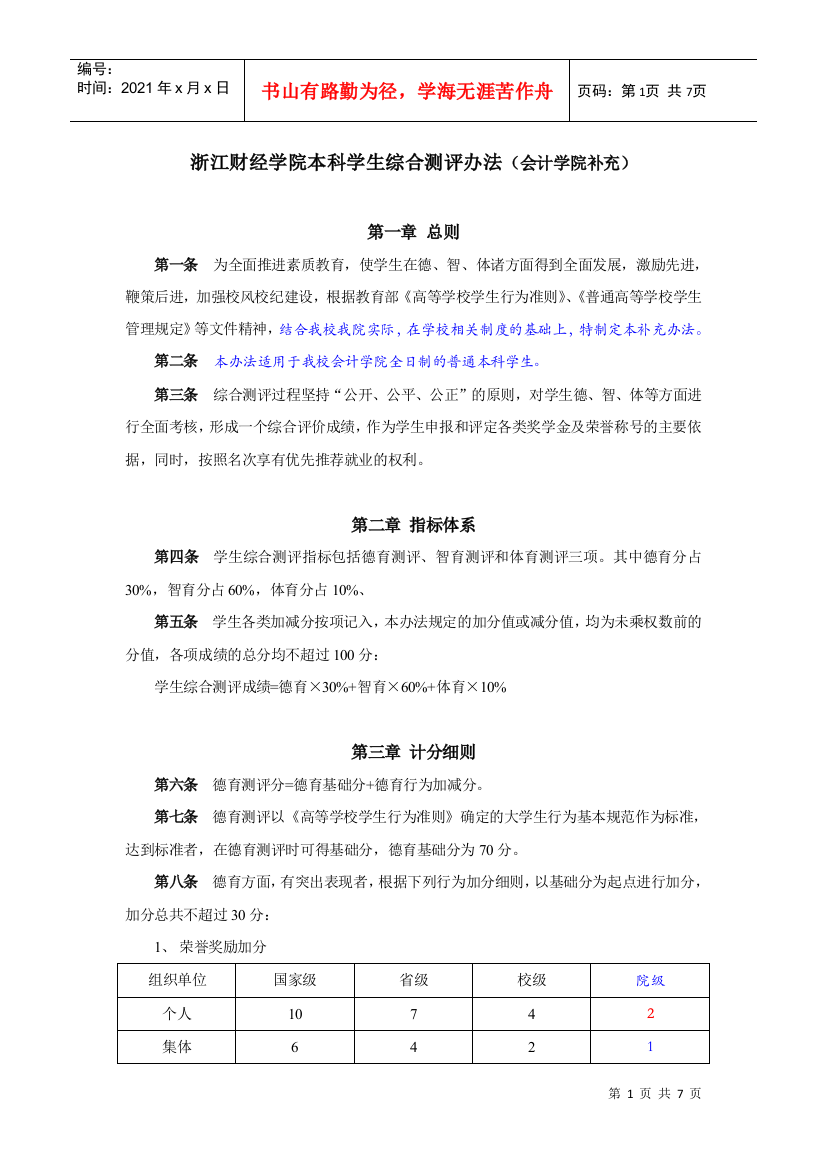 浙江财经学院本科学生综合测评办法介绍