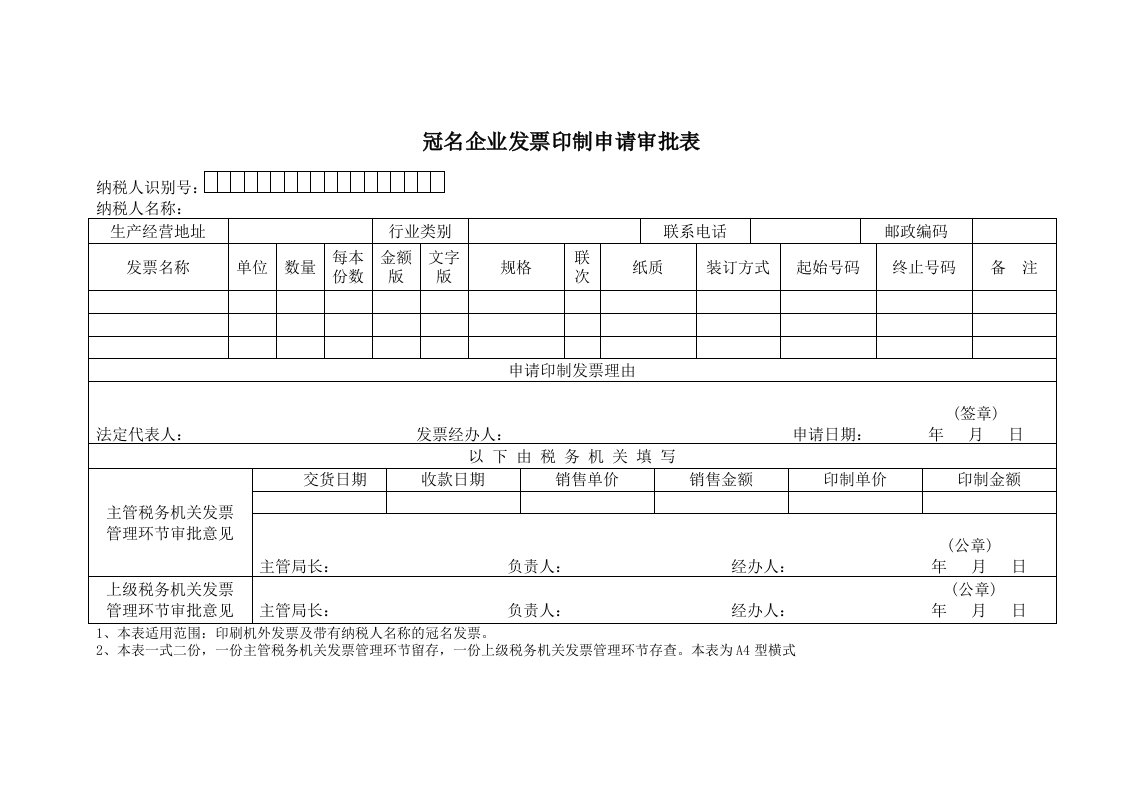 表格模板-冠名企业印制发票审批表