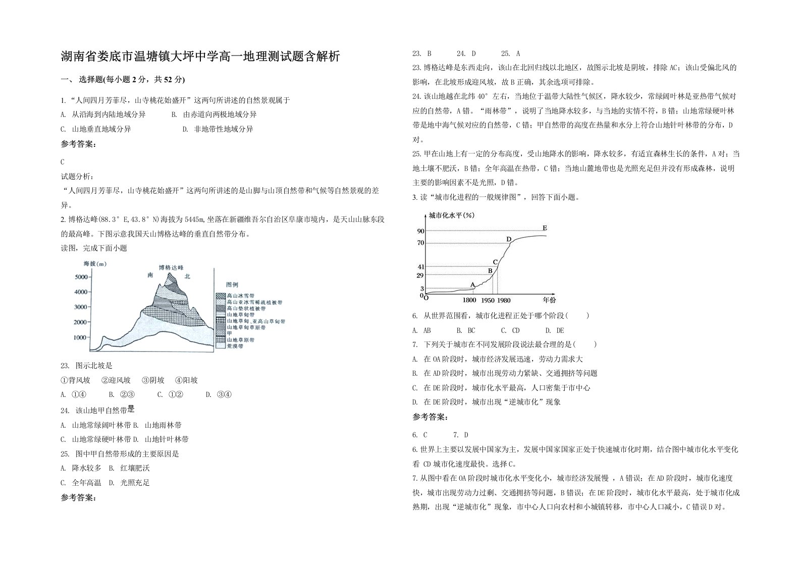 湖南省娄底市温塘镇大坪中学高一地理测试题含解析