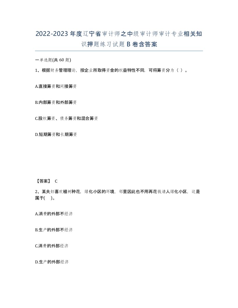 2022-2023年度辽宁省审计师之中级审计师审计专业相关知识押题练习试题B卷含答案