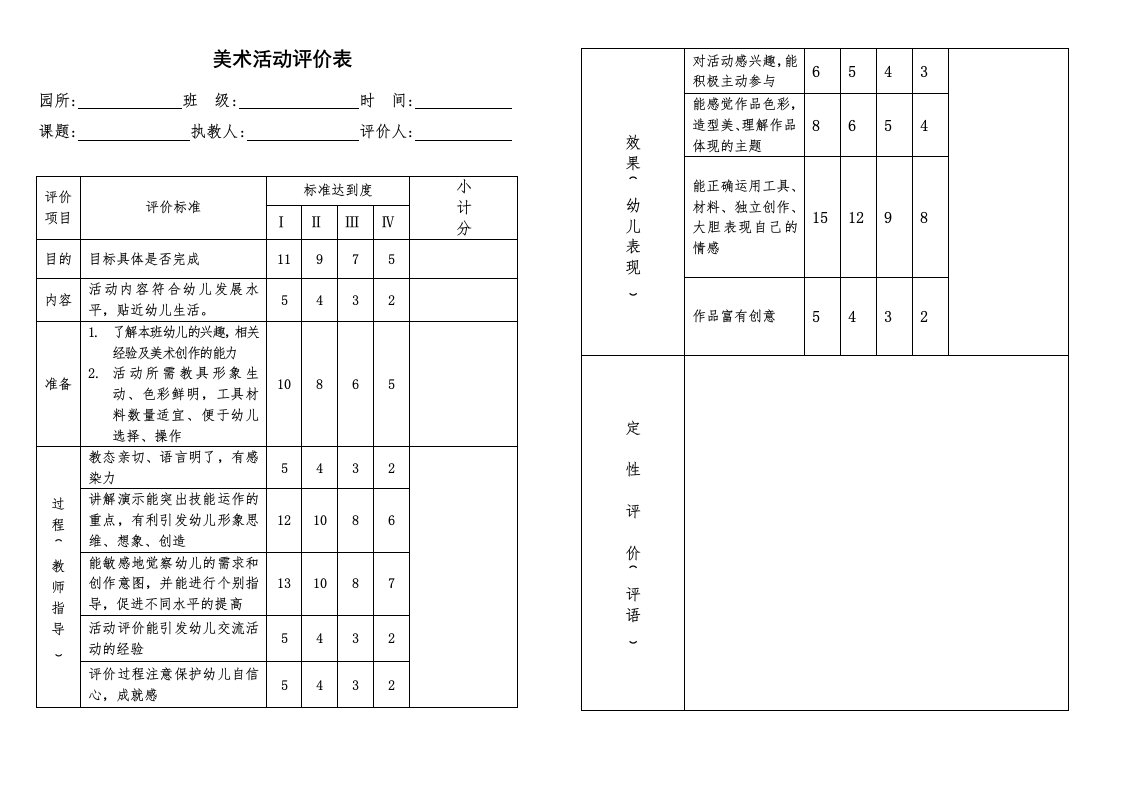 美术活动评价表