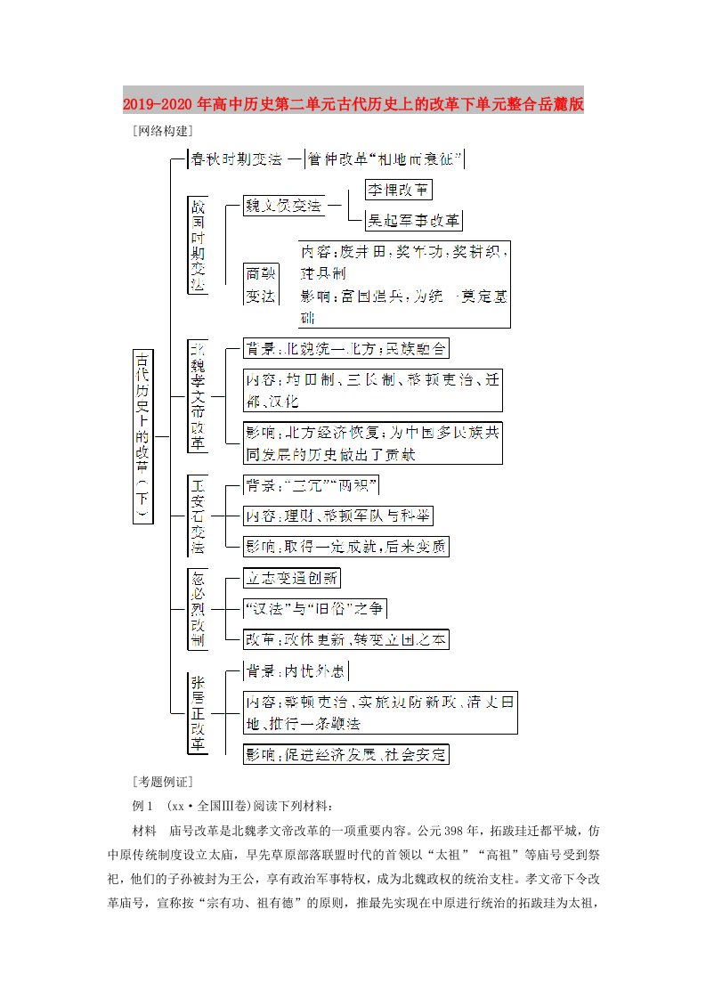 2019-2020年高中历史第二单元古代历史上的改革下单元整合岳麓版