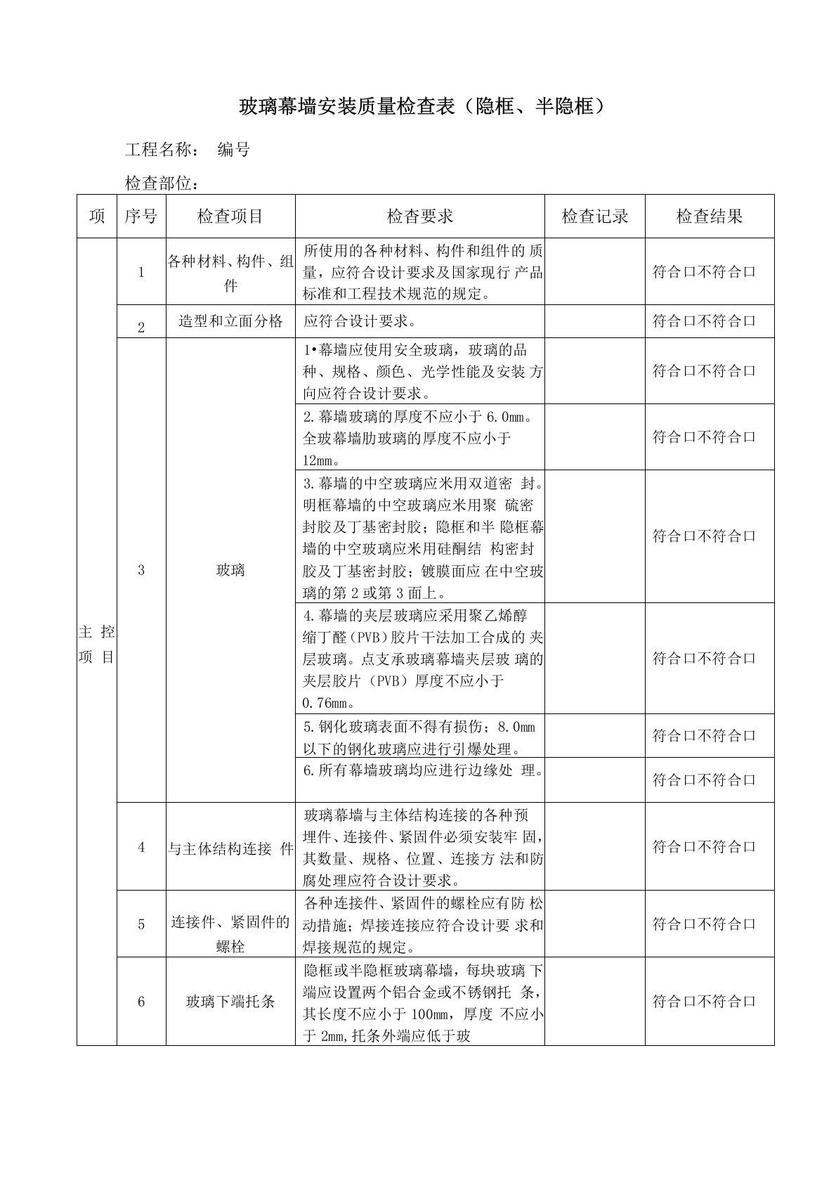 21、玻璃幕墙安装质量检查表