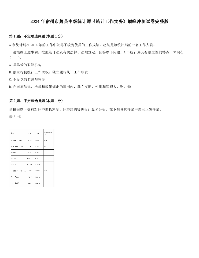 2024年宿州市萧县中级统计师《统计工作实务》巅峰冲刺试卷完整版