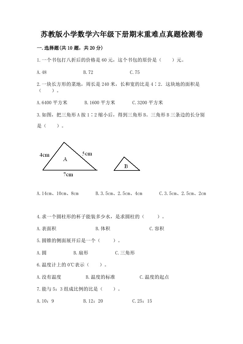 苏教版小学数学六年级下册期末重难点真题检测卷有答案解析