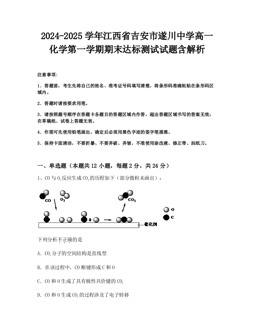 2024-2025学年江西省吉安市遂川中学高一化学第一学期期末达标测试试题含解析