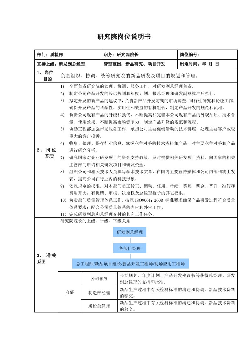 研究院院长、总工程师、新品项目组长、新品开发工程师、现场应用工程师岗位说明书