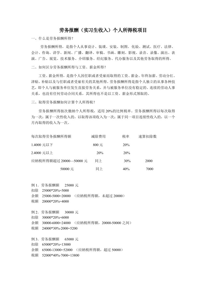 劳务报酬(实习生收入)个人所得税计算方法