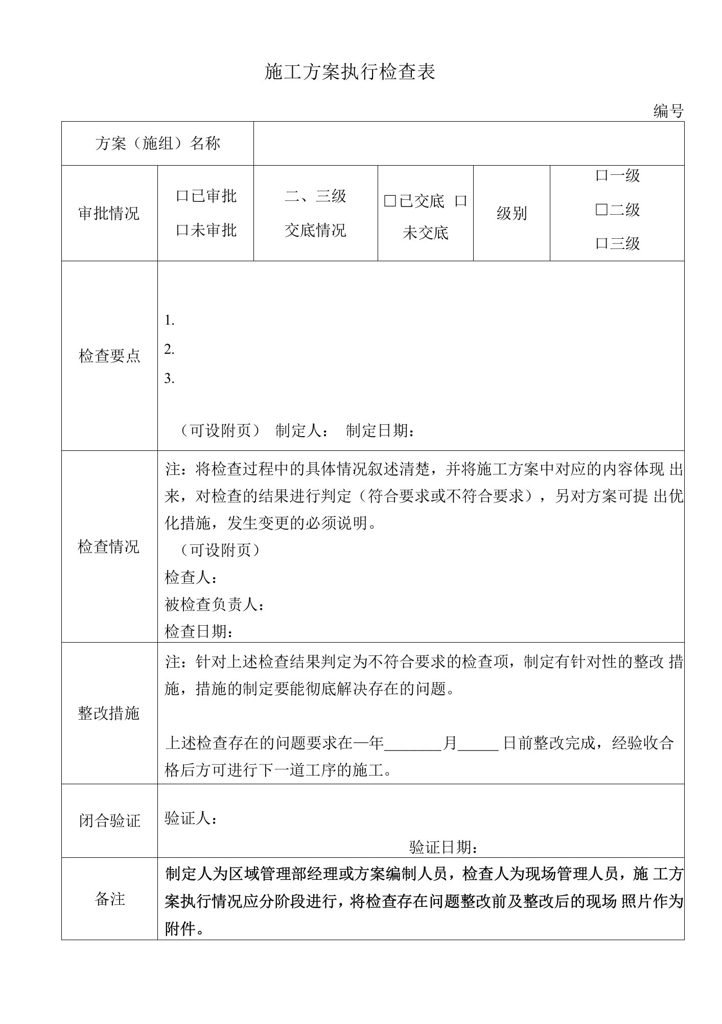 施工方案执行检查表