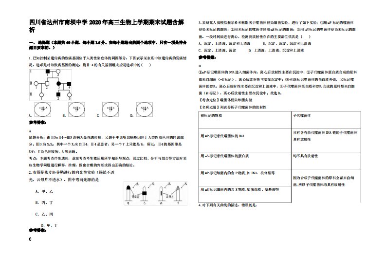 四川省达州市南坝中学2020年高三生物上学期期末试题含解析