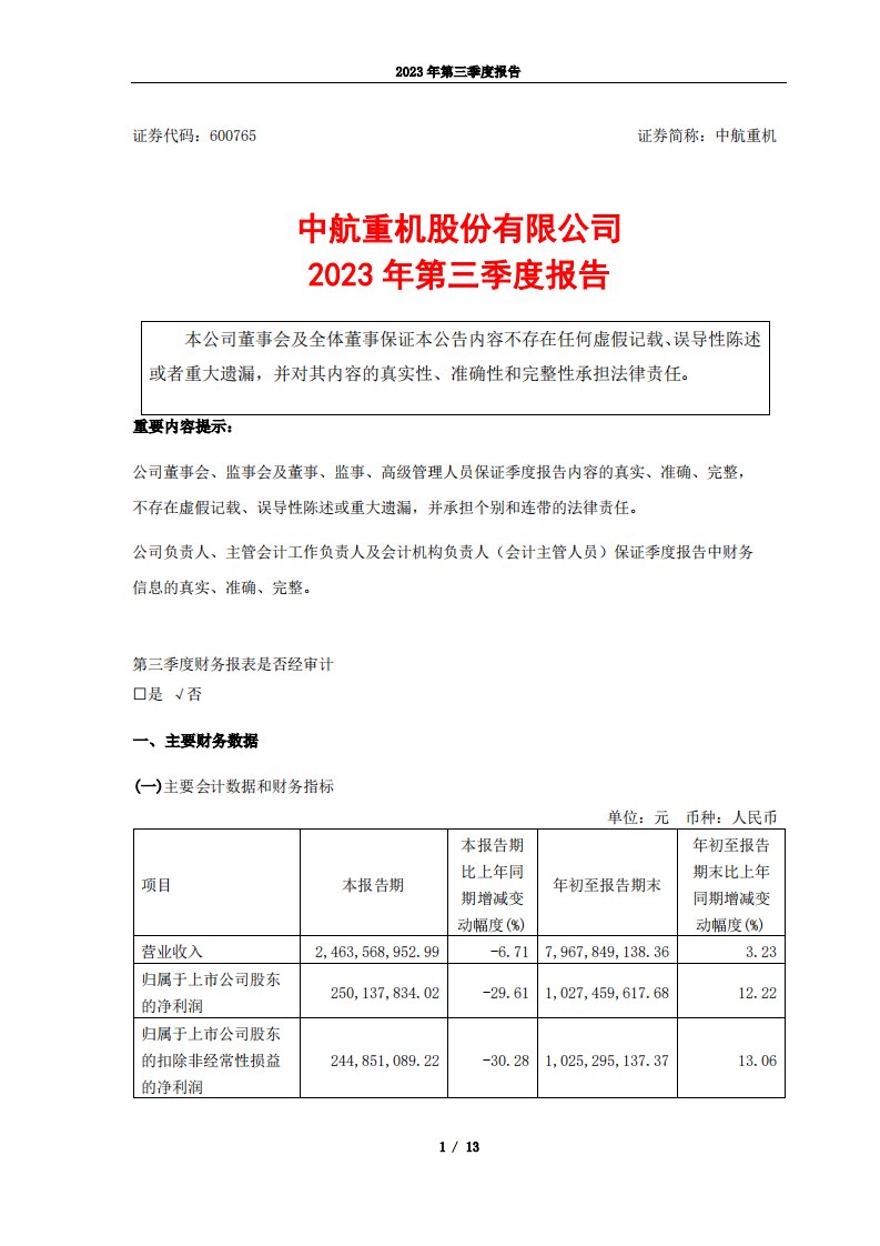 上交所-中航重机2023年第三季度报告-20231029