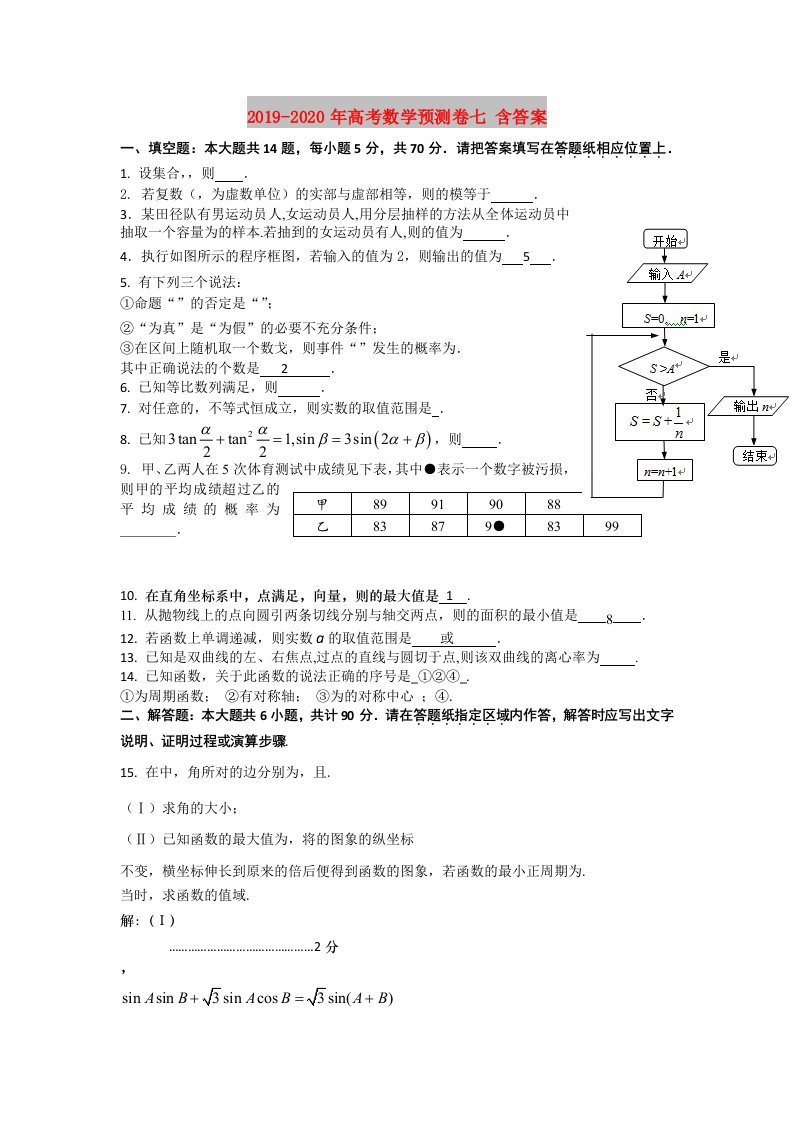 2019-2020年高考数学预测卷七