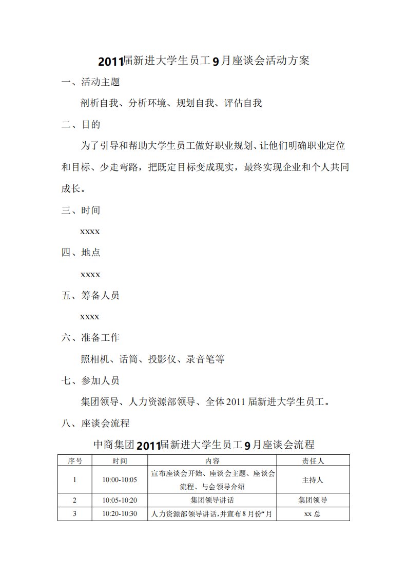 2011届新进大学生员工9月座谈会活动方案