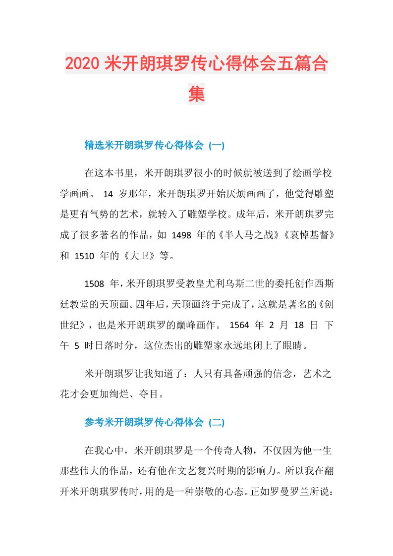 米开朗琪罗传心得体会五篇合集