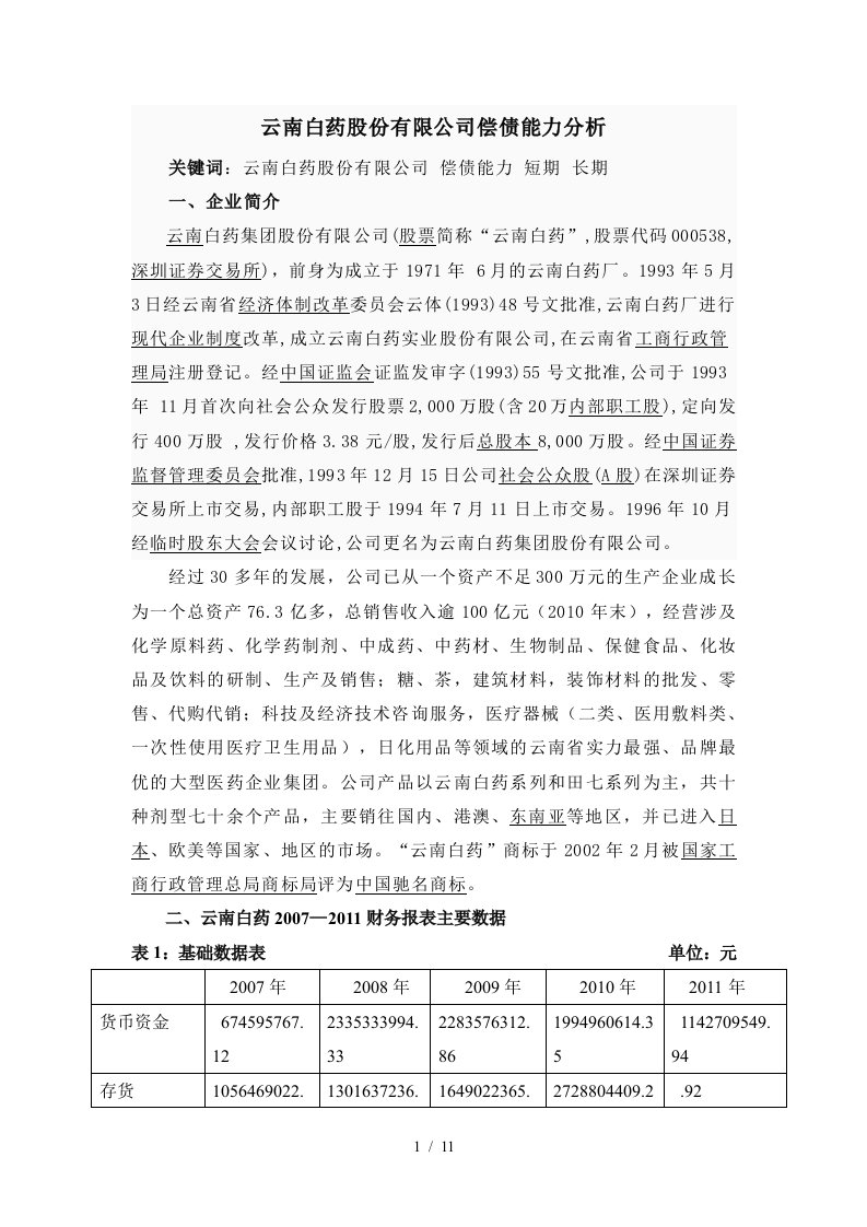 云南白药集团股份有限公司偿债能力分析