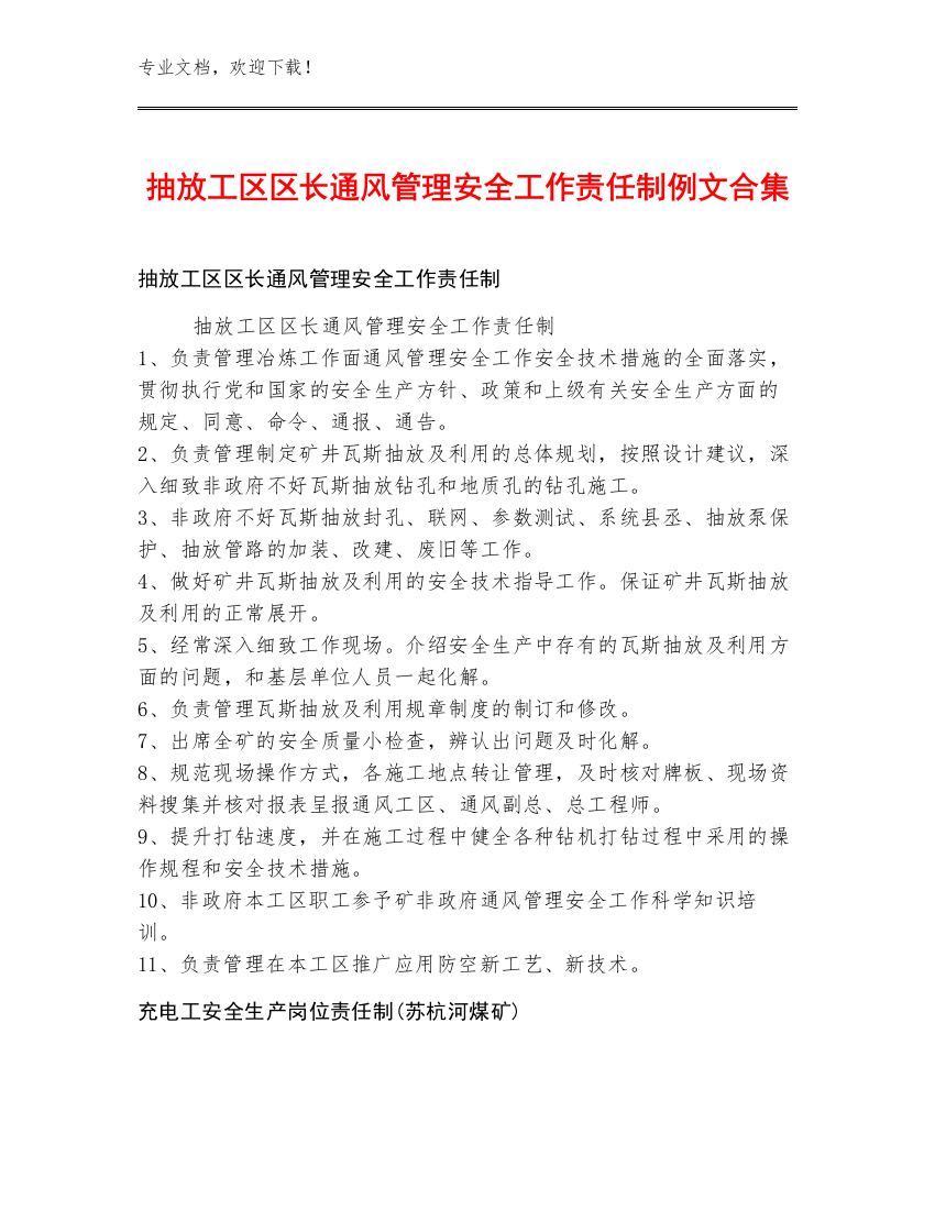 抽放工区区长通风管理安全工作责任制例文合集