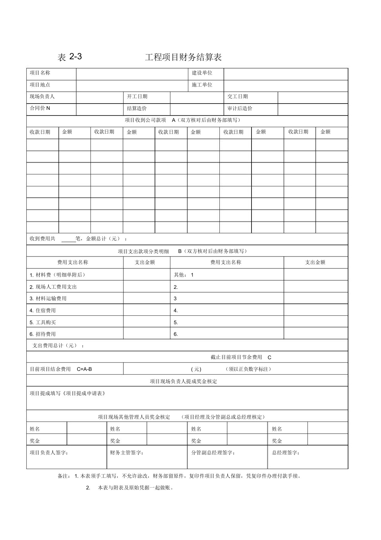 工程项目财务结算表