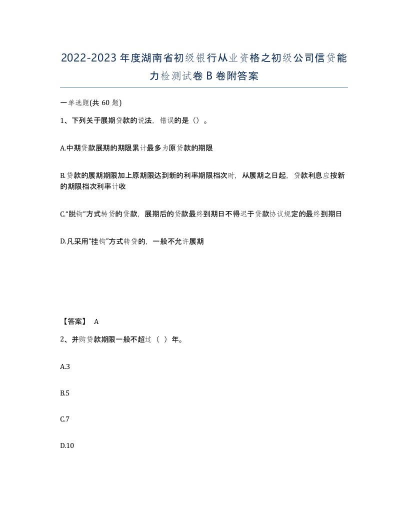 2022-2023年度湖南省初级银行从业资格之初级公司信贷能力检测试卷B卷附答案