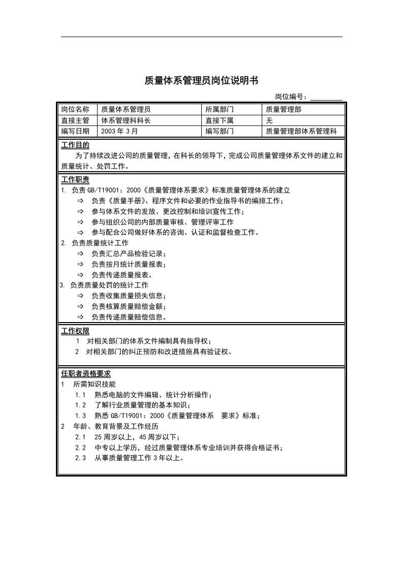 质量体系管理员岗位说明书