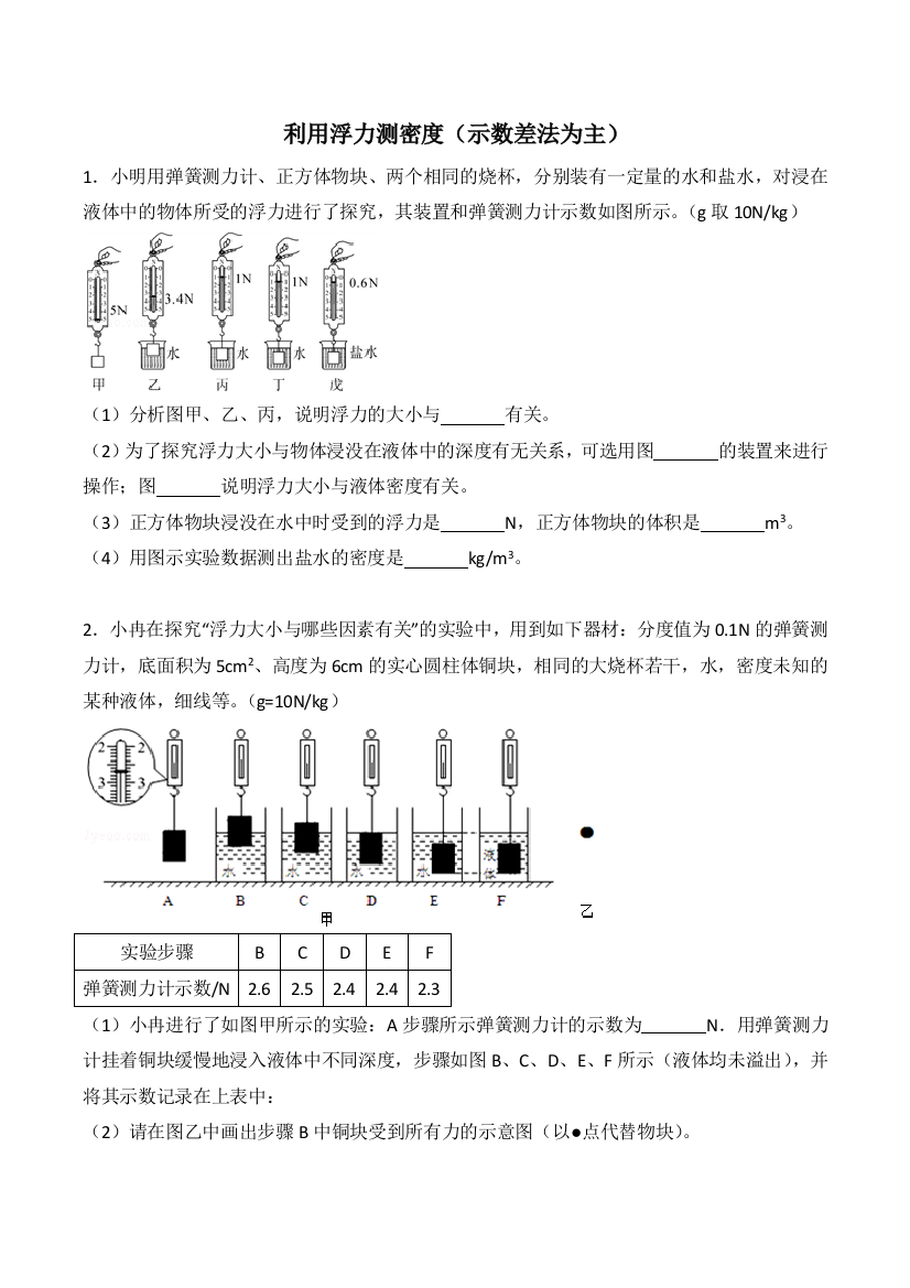 利用浮力测密度示数差法为主