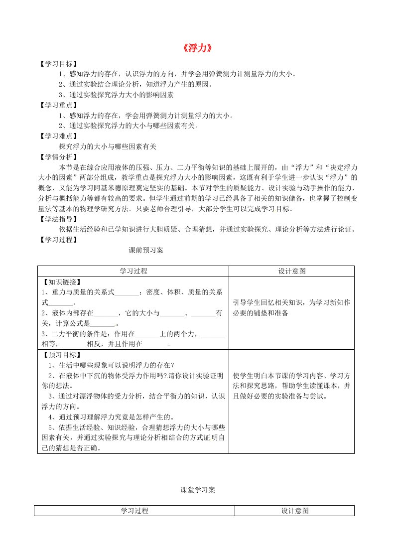 山西省阳泉市实验中学八年级物理下册《浮力》学案