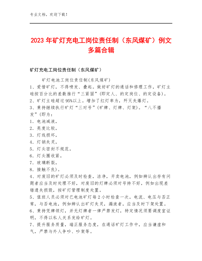 2023年矿灯充电工岗位责任制（东风煤矿）例文多篇合辑