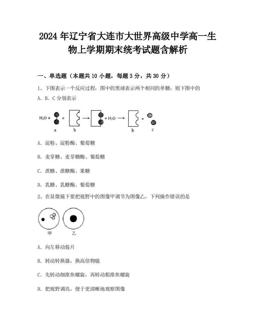 2024年辽宁省大连市大世界高级中学高一生物上学期期末统考试题含解析