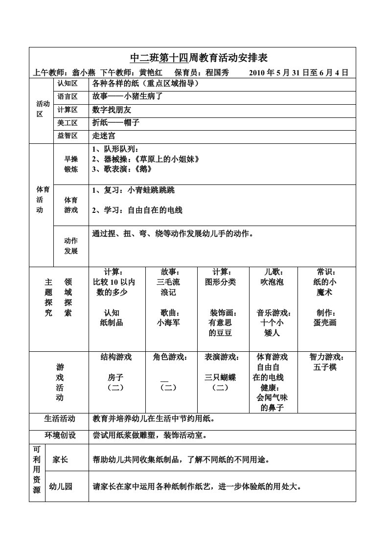 中二班第十四周教案完整版