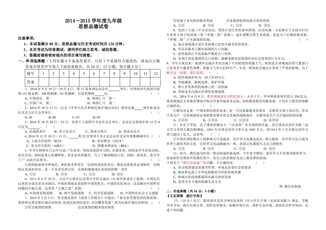 2014-2015年九年级思品月考试卷