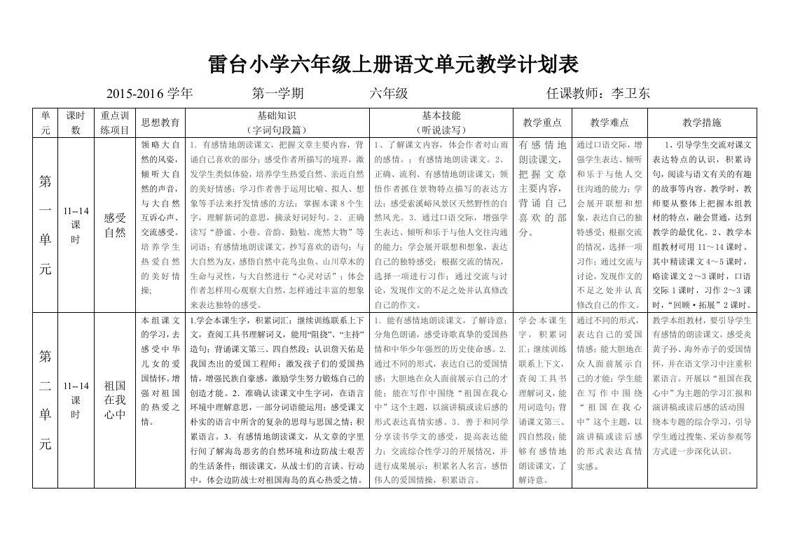 雷台小学六年级上册语文单元教学计划表