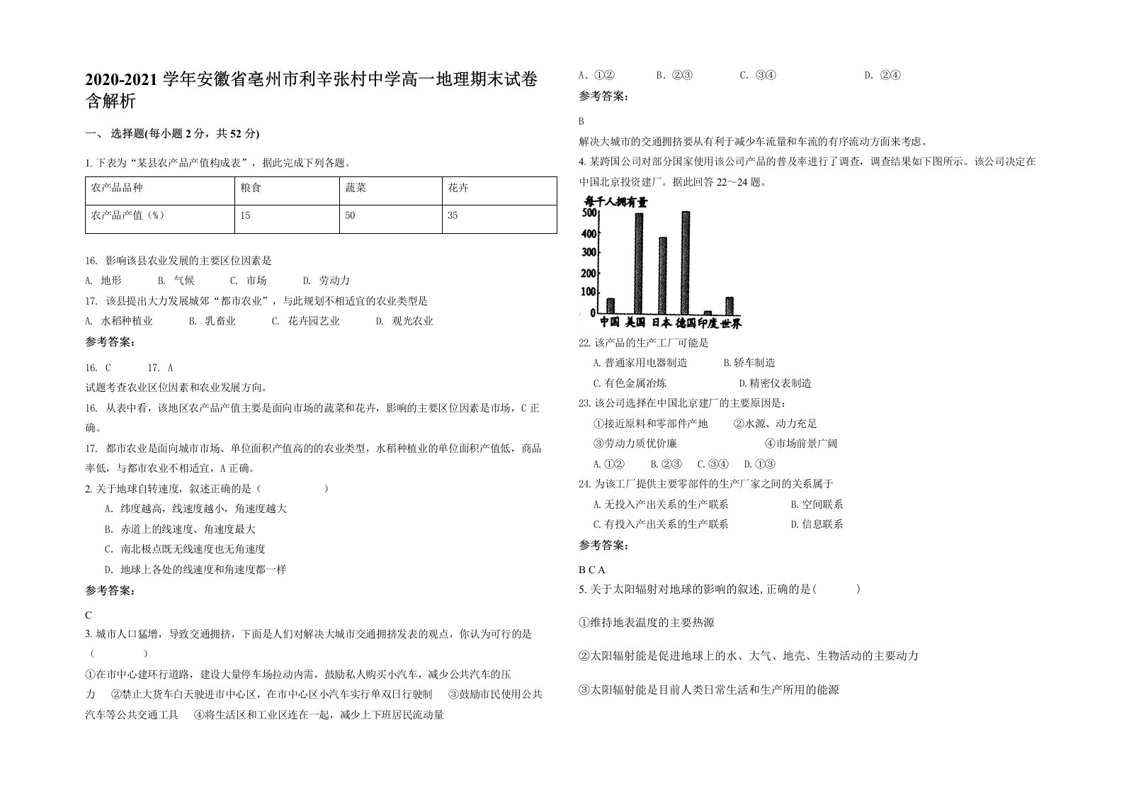 2020-2021学年安徽省亳州市利辛张村中学高一地理期末试卷含解析