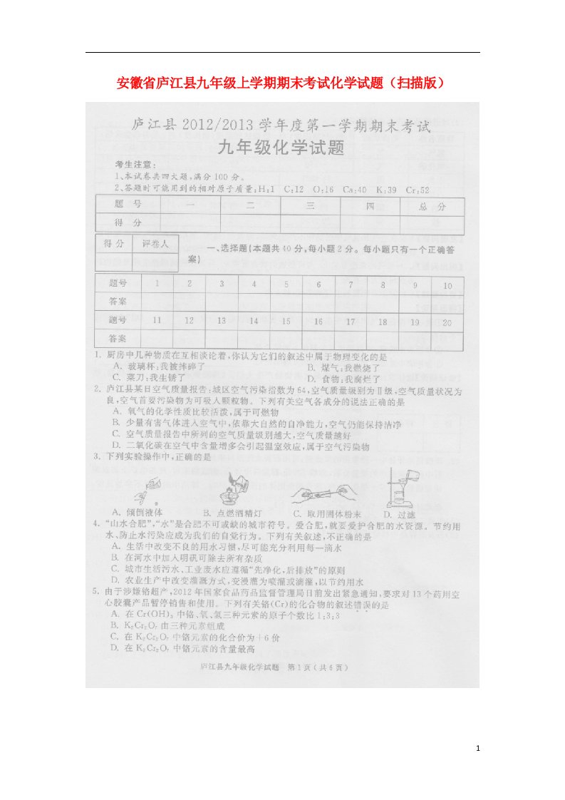 安徽省庐江县九级化学上学期期末考试试题（扫描版）