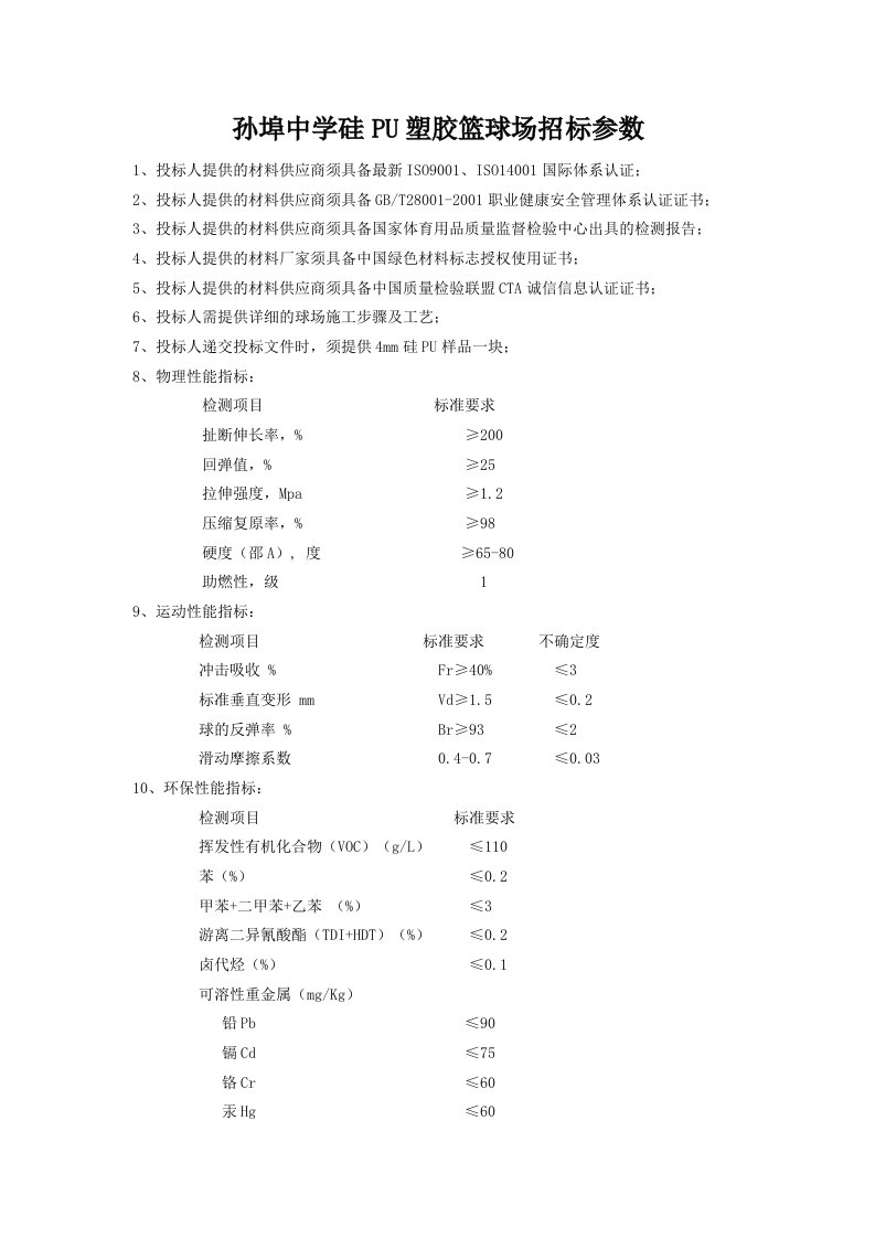 孙埠中学硅PU塑胶篮球场招标参数