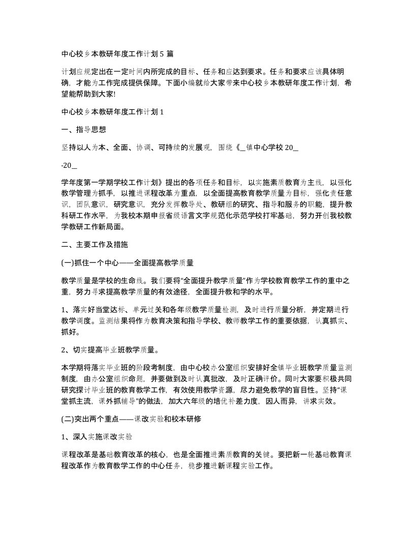 中心校乡本教研年度工作计划5篇