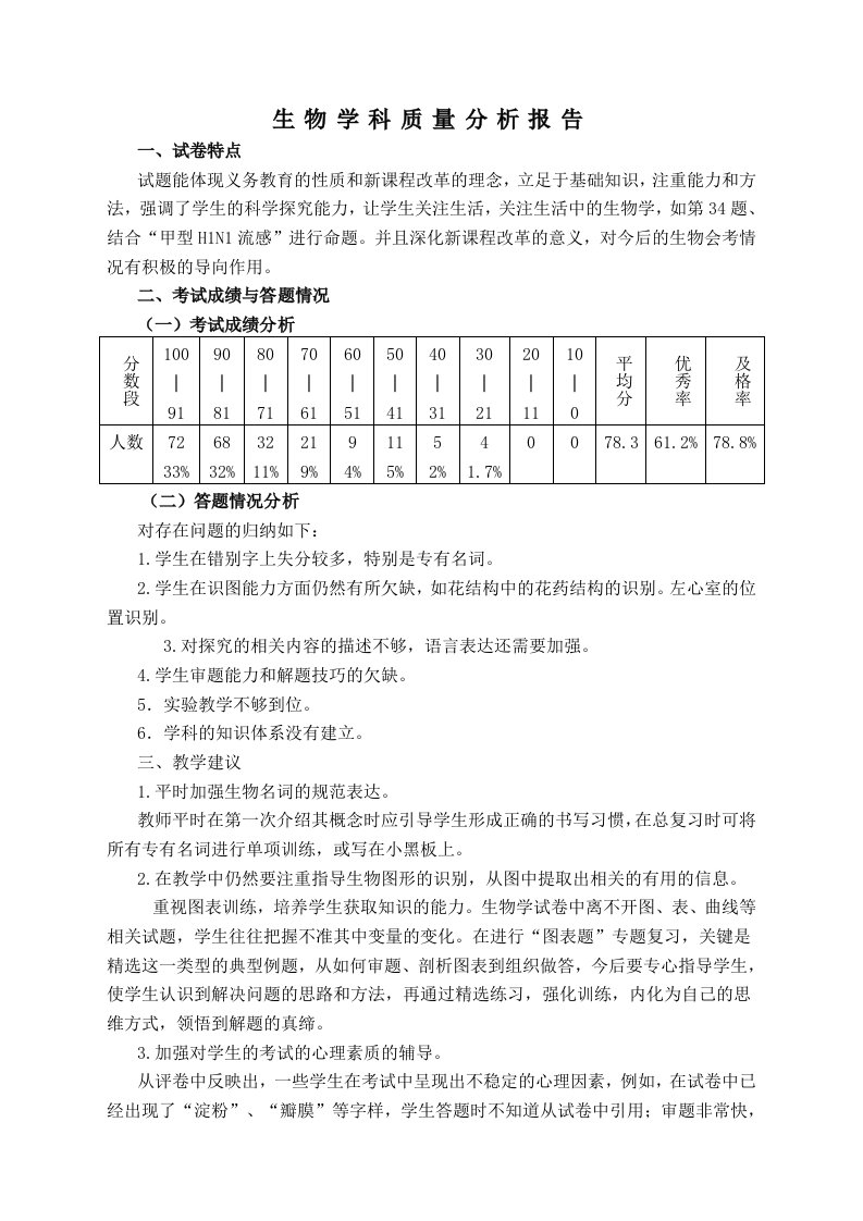 生物学科质量分析报告