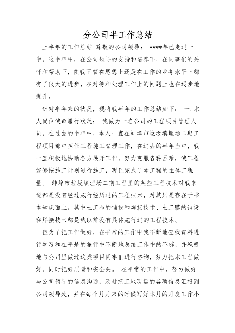 分公司半工作总结