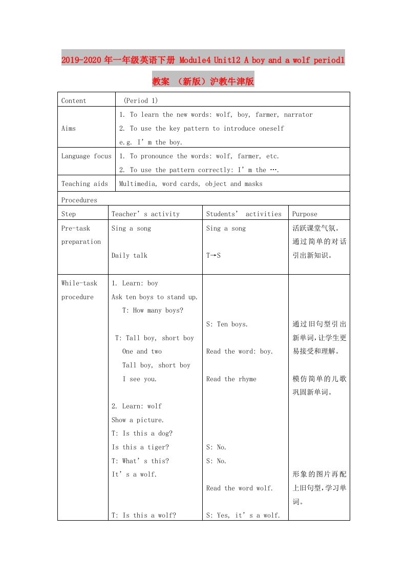 2019-2020年一年级英语下册