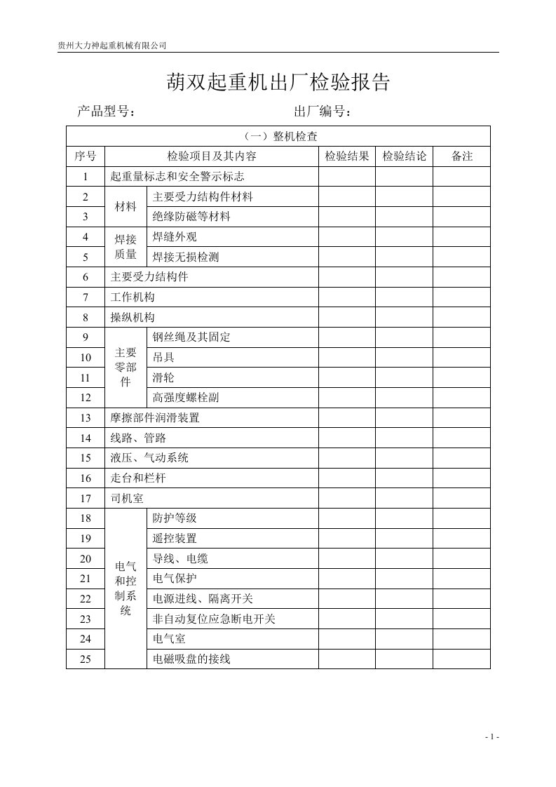 葫双起重机出厂检验报告