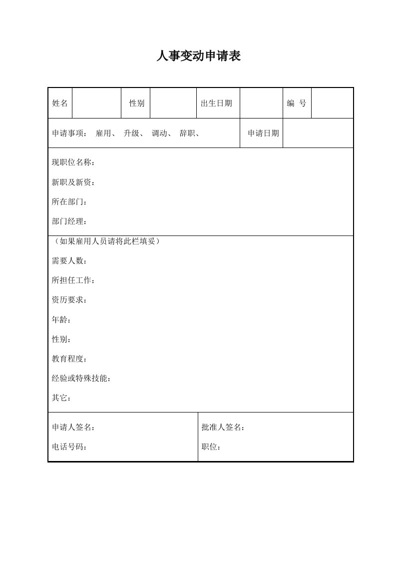 人事制度表格-人事变动申请表1